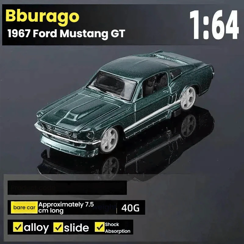 Burago 1:64 Scale 1967 Mustang GT Sports Car Model, Alloy Diecast Toy Car, Gift For Boys, Collectible - Green - View 1
