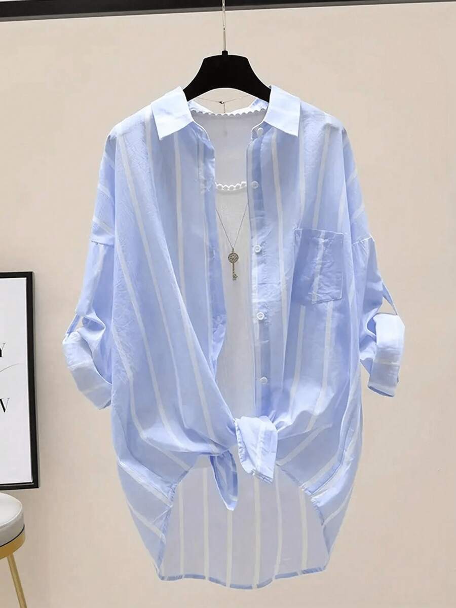 Blusa de mujer de manga larga con botones y cuello, de rayas, de ajuste regular, para primavera - Neblina azul - Ver 1