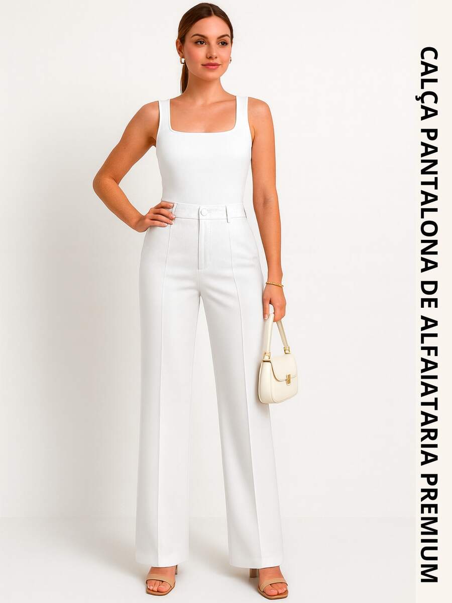 Premium Tailored Wide Leg Trousers, High Waist, Elegant, Workwear, Fashion, With Front Button - trắng - Xem 1