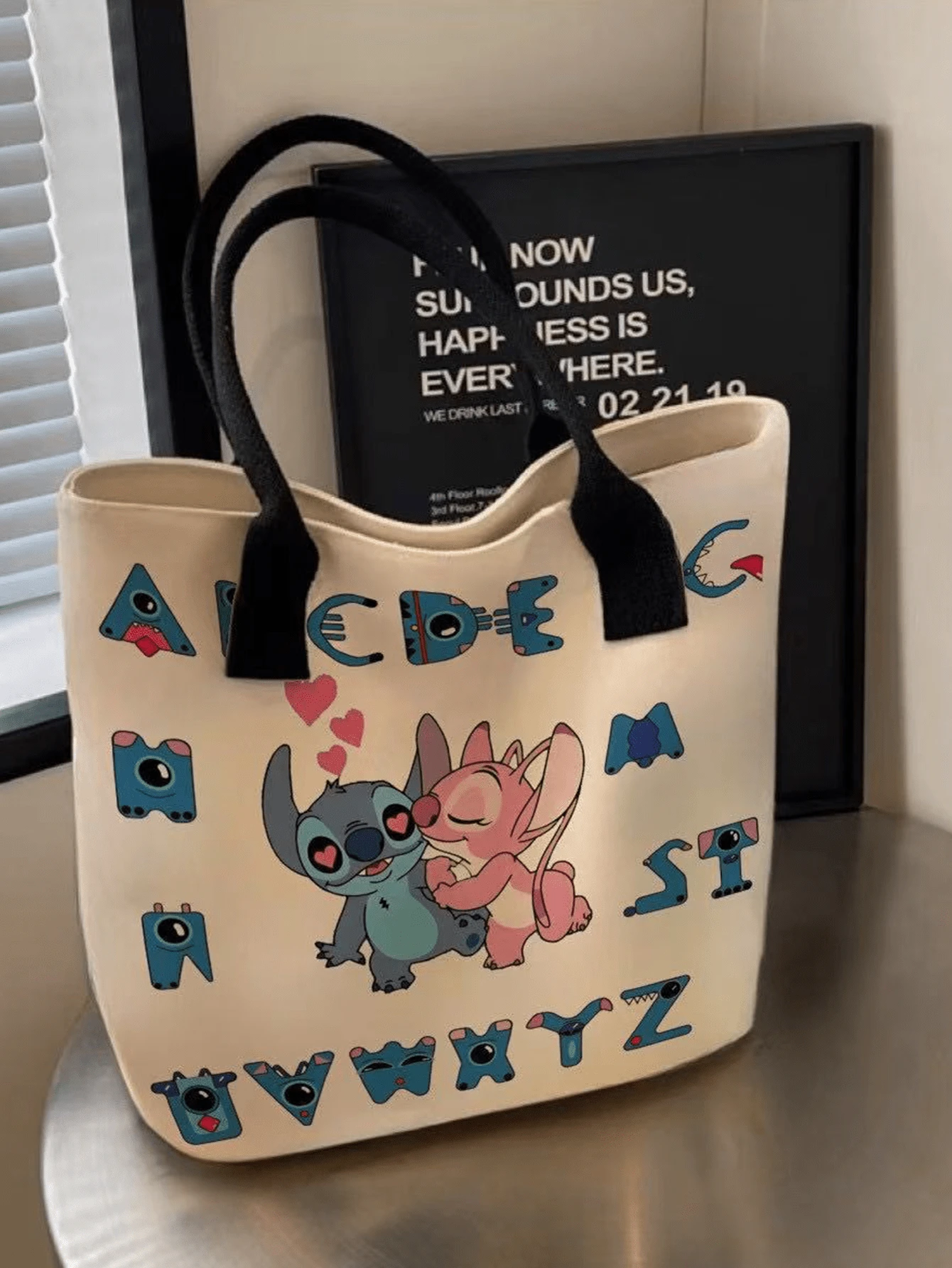 Stitch Canvas Tote Bag, Colorful Paint Splash Print, Bold "STITCH" Lettering, Beige Base + Black Wide Shoulder Straps, Spacious Large Capacity,Lightweight Portable, For Teen Girls/Young Women/ Fans, Daily Use/School/S.