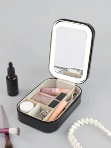 1 件可充电旅行化妆包，带 3 色 LED 照明镜，旅行化妆包 - 可调节亮度 - 防水皮革 - 可调节隔层 - 刷子收纳盒紧凑型触摸屏桌面化妆镜，珠宝口红收纳旅行化妆包沙滩包、洗漱包返校