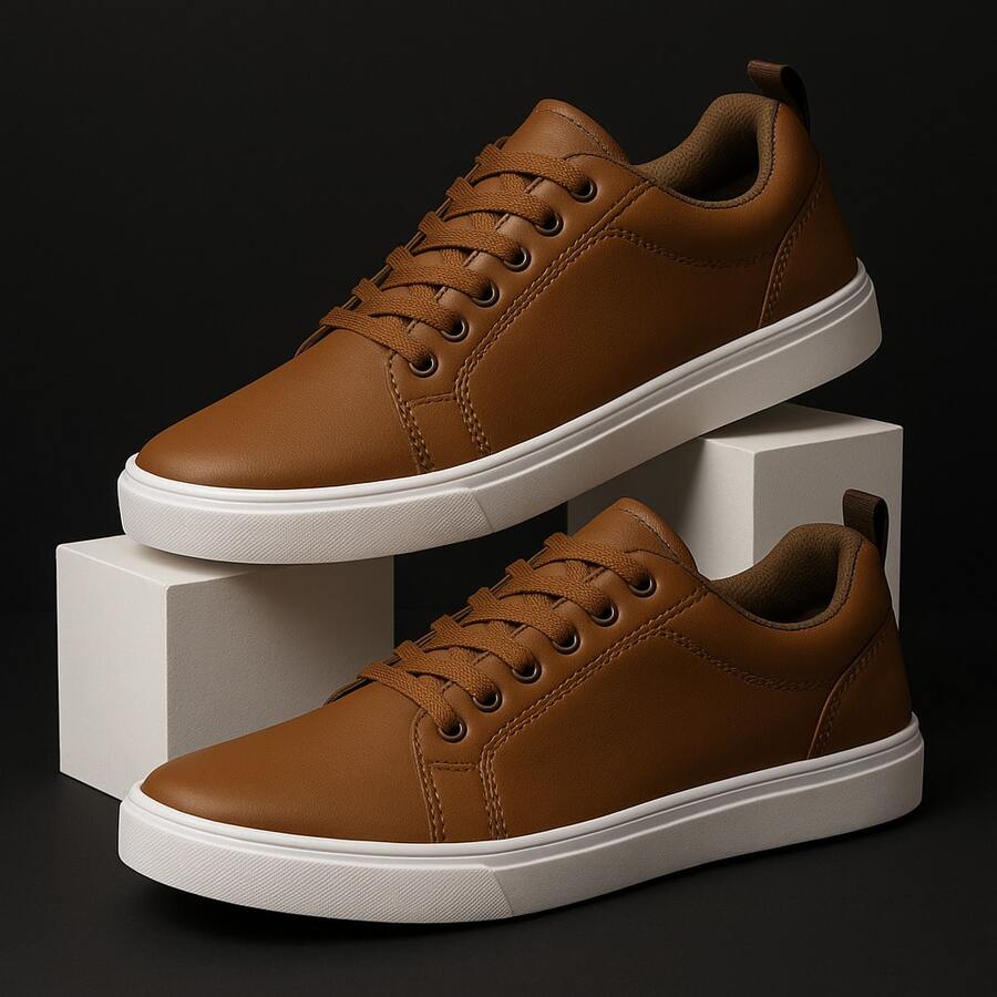 Kit Of 2 Pairs Of Men's Casual Sneakers For Leisure, Work, Stylish, Elegant, Minimalist, Textured, Everyday Use, Non-Slip - Promotion, Immediate Lightning Shipping - Đen + Nâu Caramel - Xem 1