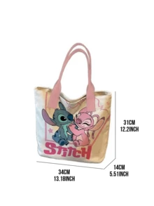 Lilo & Stitch Canvas Tote Bag, Cute Blue & Pink Stitch Couple Print, Spacious Large Capacity,Comfortable Pink Wide Shoulder Straps, Stylish Star Accent Design, Lightweight Portable, For Teen Girls/Young Women/ Fans, Daily Use/School/Colleift/Huny Girls/YoungId/ Fans0 - 粉紅色史迪仔 - 查看 10