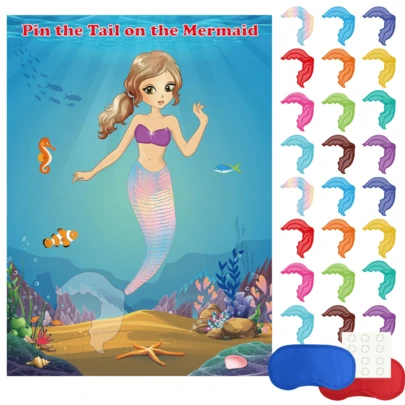 Mermaid Party Supplies Pin The Tail On The Mermaid Party Game With 24Pcs Tail Stickers For Birthday Party Game Activity