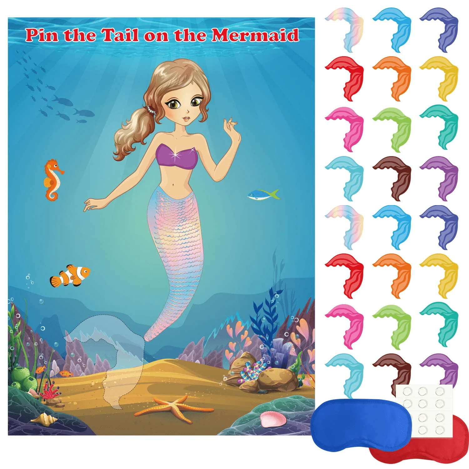 Mermaid Party Supplies Pin The Tail On The Mermaid Party Game With 24Pcs Tail Stickers For Birthday Party Game Activity