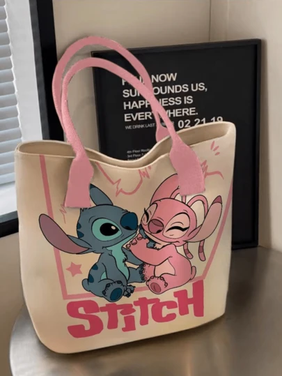 Lilo & Stitch Canvas Tote Bag, Cute Blue & Pink Stitch Couple Print, Spacious Large Capacity,Comfortable Pink Wide Shoulder Straps, Stylish Star Accent Design, Lightweight Portable, For Teen Girls/Young Women/ Fans, Daily Use/School/Colleift/Huny Girls/YoungId/ Fans0