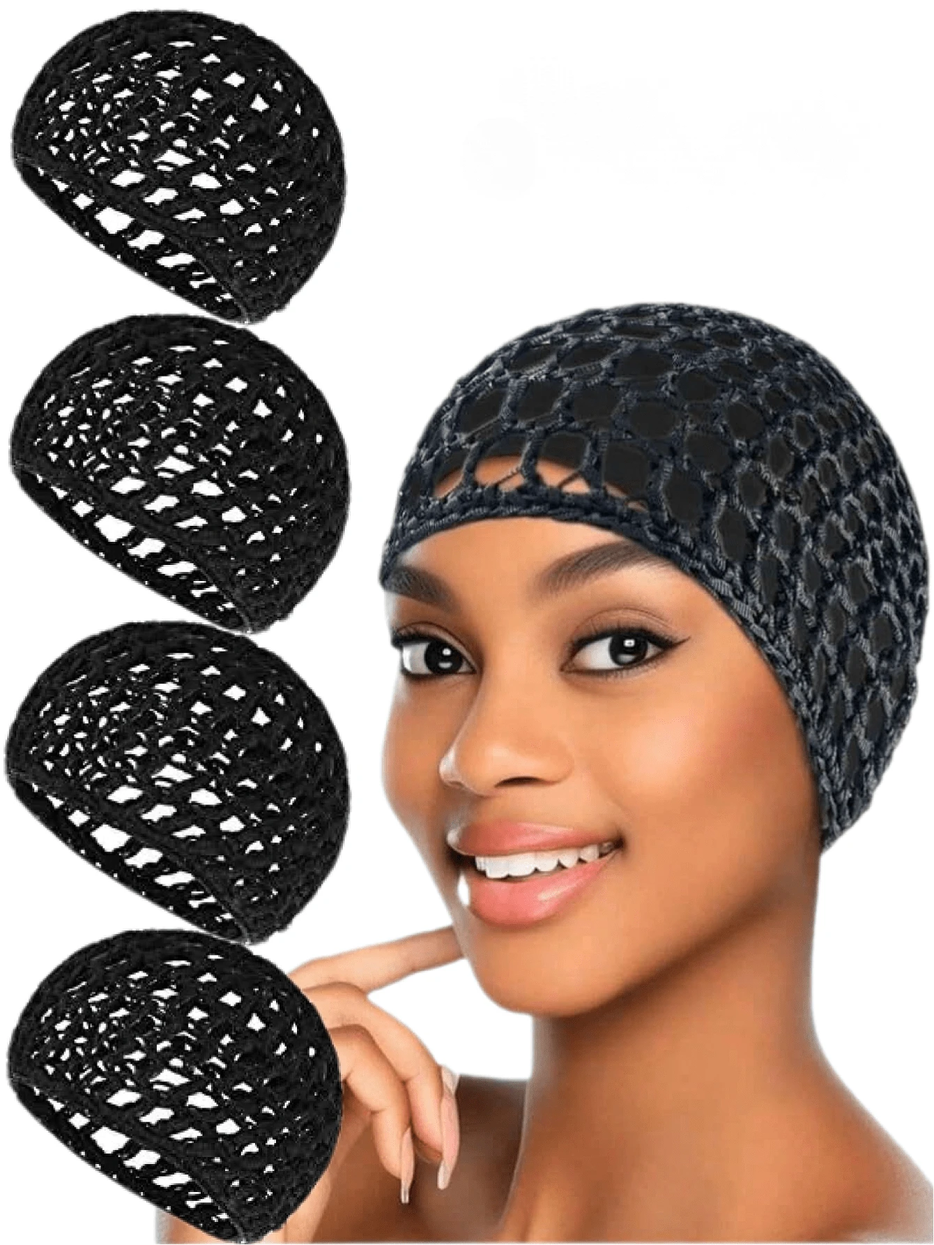 4件套网状钩编发网套装，针织围巾帽，加厚短款女士发网，睡眠围巾罩，黑色发网，长直发/卷发保护帽，芭蕾舞帽睡眠帽 - 彩色 - 查看 1