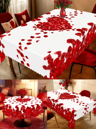 1 Pc Valentine's Day Love Rose Petals Printed Tablecloth - Round Rectangular Polyester Decorative Tablecloth For Valentine's Day, Wedding Anniversaries, Holiday Parties And Outdoor Celebrations - Perfect Holiday Decoration Supplies