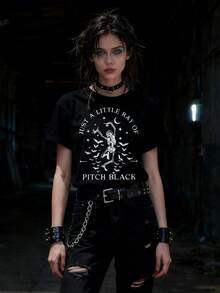 Women's Gothic T-Shirt – "Pitch Black" Skeleton Graphic Tee, Black Punk & Edgy Casual Top For Daily Wear, Alternative Street Style, Subculture, Dark Fashion & Statement Look - 黑色 - 查看 1