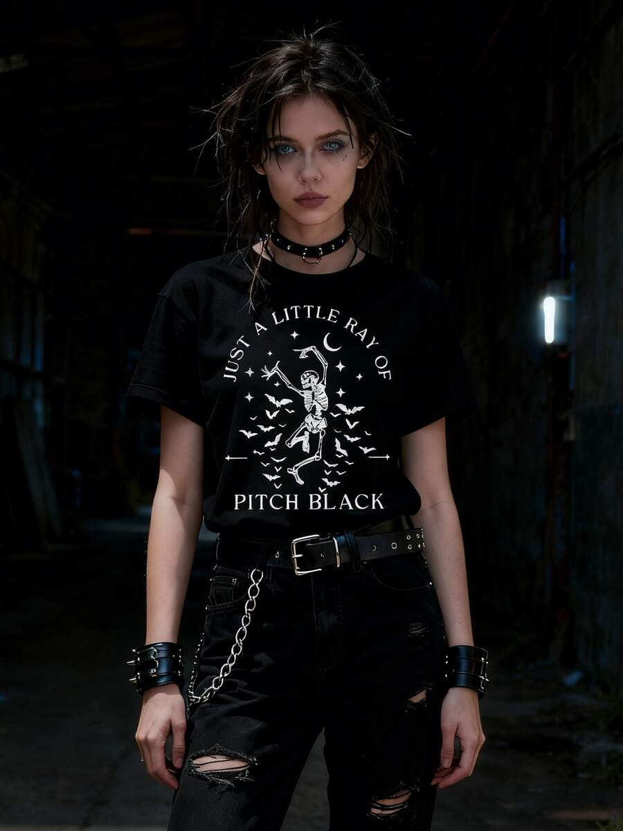 Women's Gothic T-Shirt – "Pitch Black" Skeleton Graphic Tee, Black Punk & Edgy Casual Top For Daily Wear, Alternative Street Style, Subculture, Dark Fashion & Statement Look - 黑色 - 查看 1
