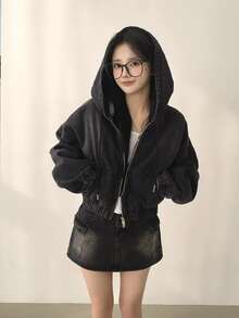 女士落肩长袖休闲连帽宽松牛仔外套 - 黑色 - 查看 3