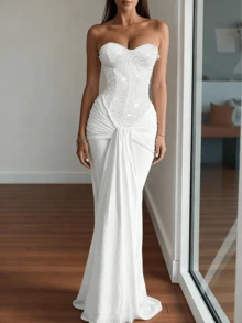 华丽优雅亮片紧身派对礼服、时尚婚礼晚礼服、白色新年礼服 - 白色 - 查看 4