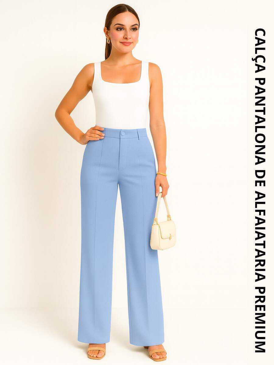 Premium Tailored Wide Leg Trousers, High Waist, Elegant, Workwear, Fashion, With Front Button - Celeste - Ver 1