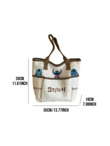 Stitch Canvas Tote Bag, Multi-Pocket Design With Expressive Stitch Prints (Angry/Loving/Shy), Cream Base + Brown Trim, Durable Fabric, Spacious Organized Capacity, Comfortable Wide Shoulder Straps, For Teen Girls/Young Women, Daily Use/School/Grocery/Commute, Adorable Kawaii Style, Perfect Birthday/Holiday Gift For Stitch Collectors - Canvas Bag - White - View 4