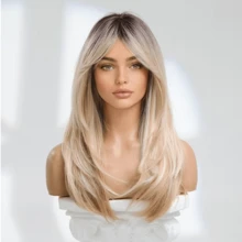 22 Inch Brown Gradient Gold Inner Button Wig With Bangs, Suitable For Women's Brown Dark Hair, With Blonde Wig, Heat-Resistant Synthetic Wig, Suitable For Daily Party Role-Playing Wig - 香檳色 - 查看 4