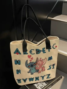 Stitch Canvas Tote Bag, Colorful Paint Splash Print, Bold "STITCH" Lettering, Beige Base + Black Wide Shoulder Straps, Spacious Large Capacity,Lightweight Portable, For Teen Girls/Young Women/ Fans, Daily Use/School/S. - 字母愛心史迪仔 - 查看 5