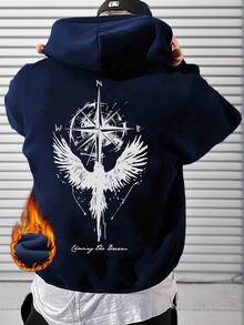 Zrgoth 男士 Compass & Raven Element 宽松袋鼠口袋连帽衫，引领时尚潮流，秋冬款 - 藏蓝色 - 查看 1