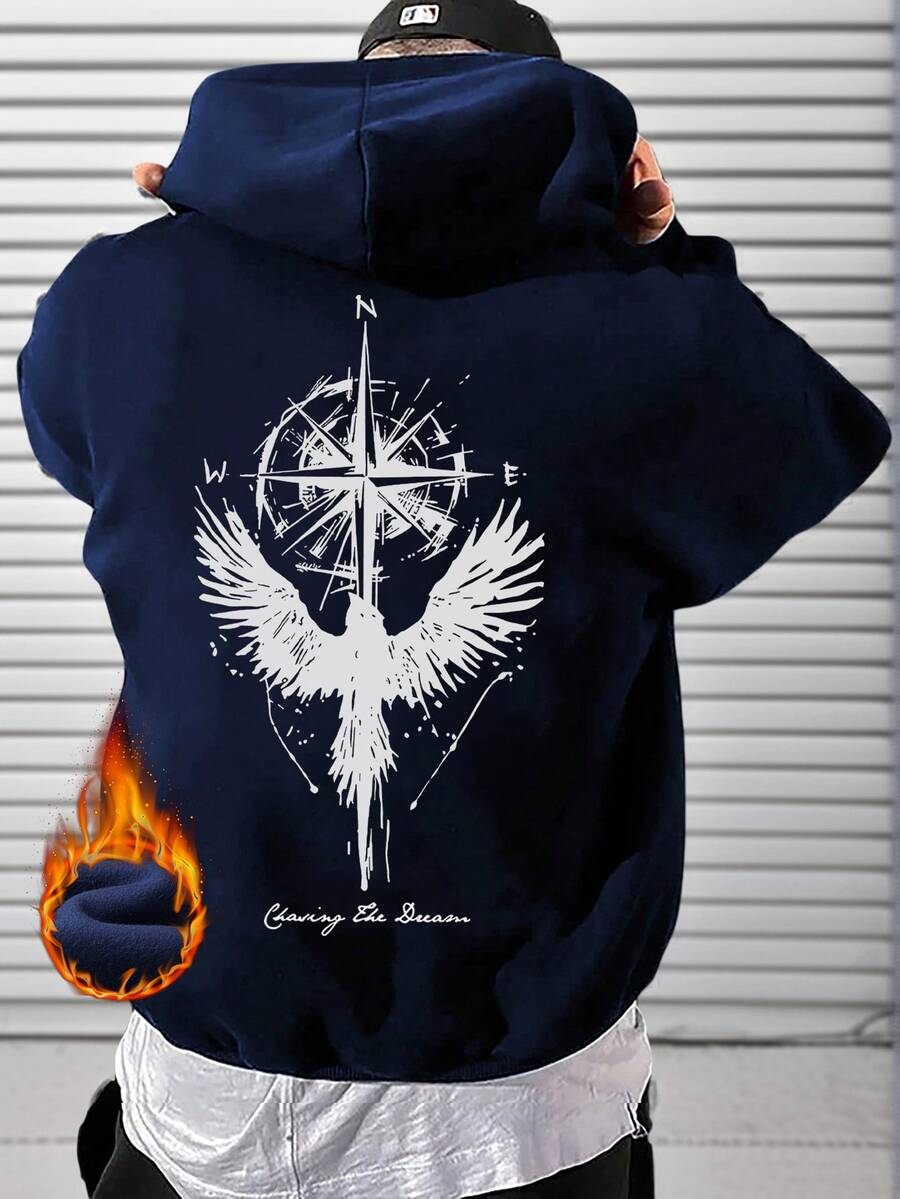 Zrgoth 男士 Compass & Raven Element 宽松袋鼠口袋连帽衫，引领时尚潮流，秋冬款 - 藏蓝色 - 查看 1