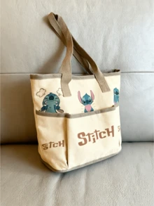 Stitch Canvas Tote Bag, Multi-Expression Stitch Print, External Pocket Design, Beige Base + Brown Accents, Durable Fabric, Spacious Capacity, Comfortable Wide Shoulder Straps, For Teen Girls/ Fans, Daily Use/School/Shopping, Cute Kawaii Aesthetic, Ideal Birthday/Holiday Gift For Stitch Lovers - Canvas Bag - Khaki - View 8