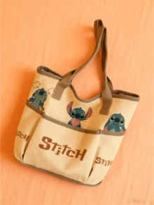Stitch Canvas Tote Bag, Multi-Expression Stitch Print, External Pocket Design, Beige Base + Brown Accents, Durable Fabric, Spacious Capacity, Comfortable Wide Shoulder Straps, For Teen Girls/ Fans, Daily Use/School/Shopping, Cute Kawaii Aesthetic, Ideal Birthday/Holiday Gift For Stitch Lovers - Canvas Bag - Khaki - View 7