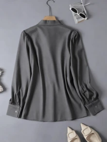 Women's Elegant Satin White Long Sleeve Casual Shirt, Versatile Commuter Blouse With Bow Collar Detail - Solid Color Top Suitable For All Seasons, Machine Washable Non-Sheer, Soft & Breathable Fabric, Refined Satin Texture, Solid Color Tie For Office & Daily Wear