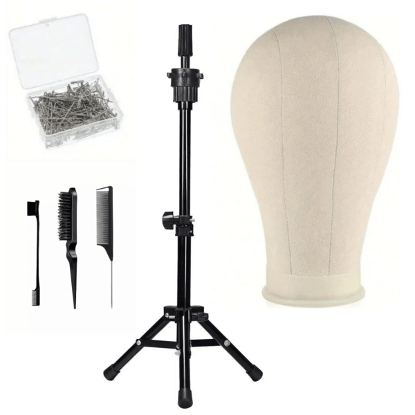 Wig-Bearing Mannequin Head With Wig Stand And Tripod, For Wig Styling Practice And Wig-Making Demonstrations. Canvas Mannequin Head Set Includes Head Form, Tripod Stand, T-Pin Set And Three-Piece Brush Set.