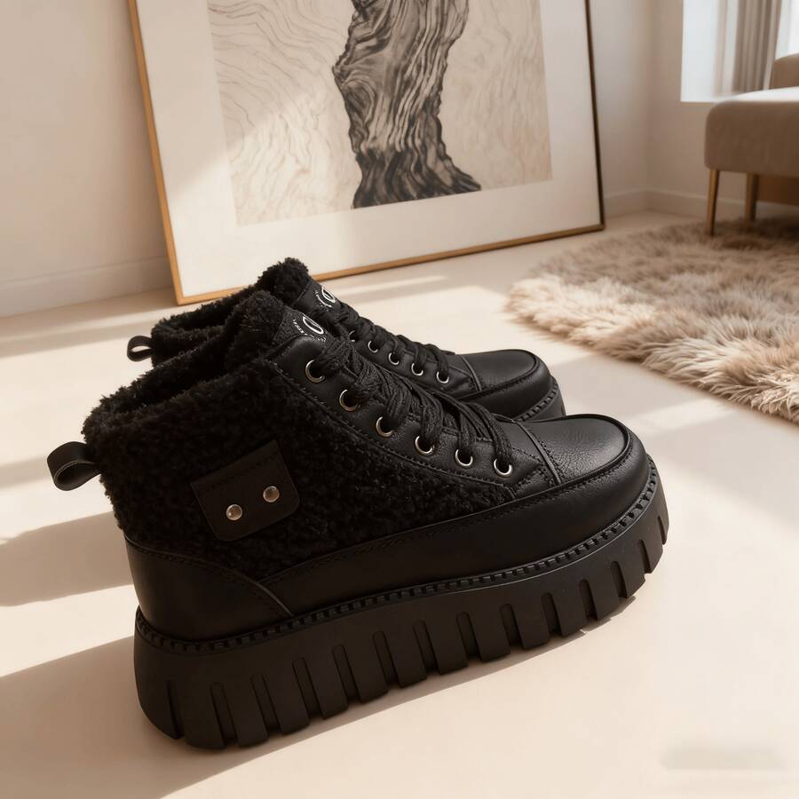 Autumn And Winter Fashion Casual Lamb Wool Lined High-Top Shoes, Faux Leather Patchwork Color-Block Metal Decor Lace-Up Platform Wedge Women's Shoes, Warm And Comfortable - màu đen - Xem 1