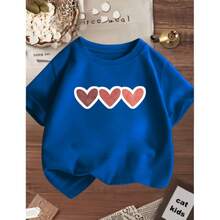 Girls' Off-Shoulder Short-Sleeve T-Shirt With 3 Hearts Side-By-Side Print, 100% Premium Cotton. - Royal Blue - View 1