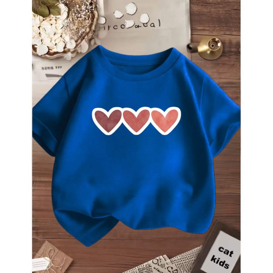 Girls' Off-Shoulder Short-Sleeve T-Shirt With 3 Hearts Side-By-Side Print, 100% Premium Cotton. - Royal Blue - View 1