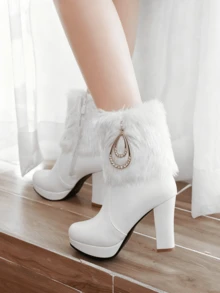 Women's Winter Furry Ankle Boots Fashion Chunky High Heel Metal Buckle Booties With Side Zipper Elegant Dress Party Shopping Office Outdoor Christmas Snow Boots For Women - 白色 - 查看 5