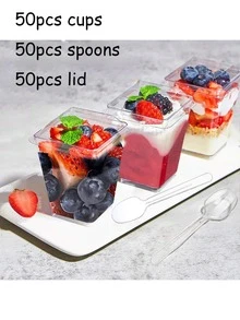 25/50/100pcs 5 Oz Plastic Dessert Cups , Yogurt Parfait For Party Appetizers, Mini Desserts, Mousse, Pudding, Fruit, Jelly Cheesecake And Ice Cream Square Plastic Cup Cheese Cake Cup - Transparent Cup+ Flat Lid - View 13
