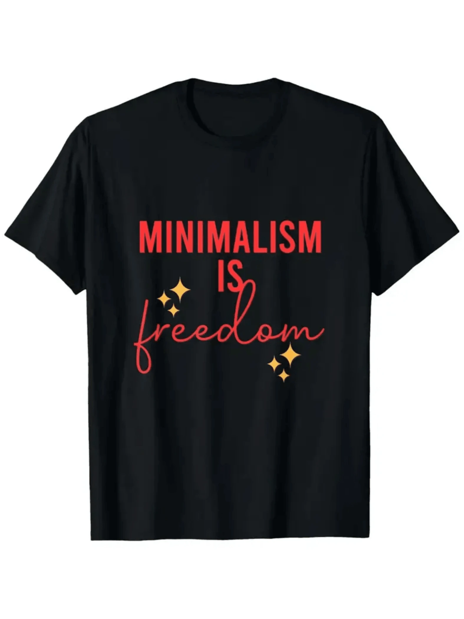 Minimalism Is Freedom With Red Lettering And Gold Star Details That Convey A Message Of Simplicity And Personal Autonomy, Perfect For Those Who Value Clarity And Inner Peace. Men's T-Shirt, 100% Cotton, 220g - 黑色 - 查看 1