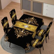 5-Piece/7-Piece Chair Cover And Tablecloth Set - Black And Gold Imperial Luxury Series - Baroque Pearl And Diamond Decorated Tablecloth And Chair Cover Set - Retro Luxury Home Textile Set; Rectangular Table And Chair Decoration, Elastic And Comfortable, Detachable For Washing, Suitable For Home And Party Decoration, Event Planning, Holiday Table Setting, Elegant Decoration, Flower Design, Detachable Cover, Comfortable Fit, Rectangular Tablecloth, Party Planner, Event Planner Elastic Tablecloth Set, Suitable For Dining Room, Living Room, Kitchen, Home Decoration. - 彩色 - 查看 9