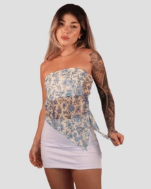 Women's Basic Translucent Tropical Floral Cropped Tube Top With Transparent Tulle, Strapless, Summer Style, Lining, Aitona - BLUE FLORAL - View 2