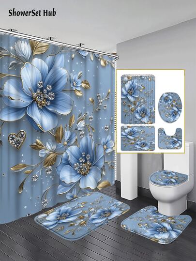 1/3/4pcs Blue Floral & Diamond Gold Accent Shower Curtain Bathroom Set, Luxury Elegant Waterproof And Wear-Resistant Bathroom Decor And Accessories,With 12 Hooks - Includes Toilet Seat Cover, Bath Mats, And Rugs Polyester Fabric - Washable - Perfect For Holiday Decor,Home/Bedroom/House/Western/Spring Decor