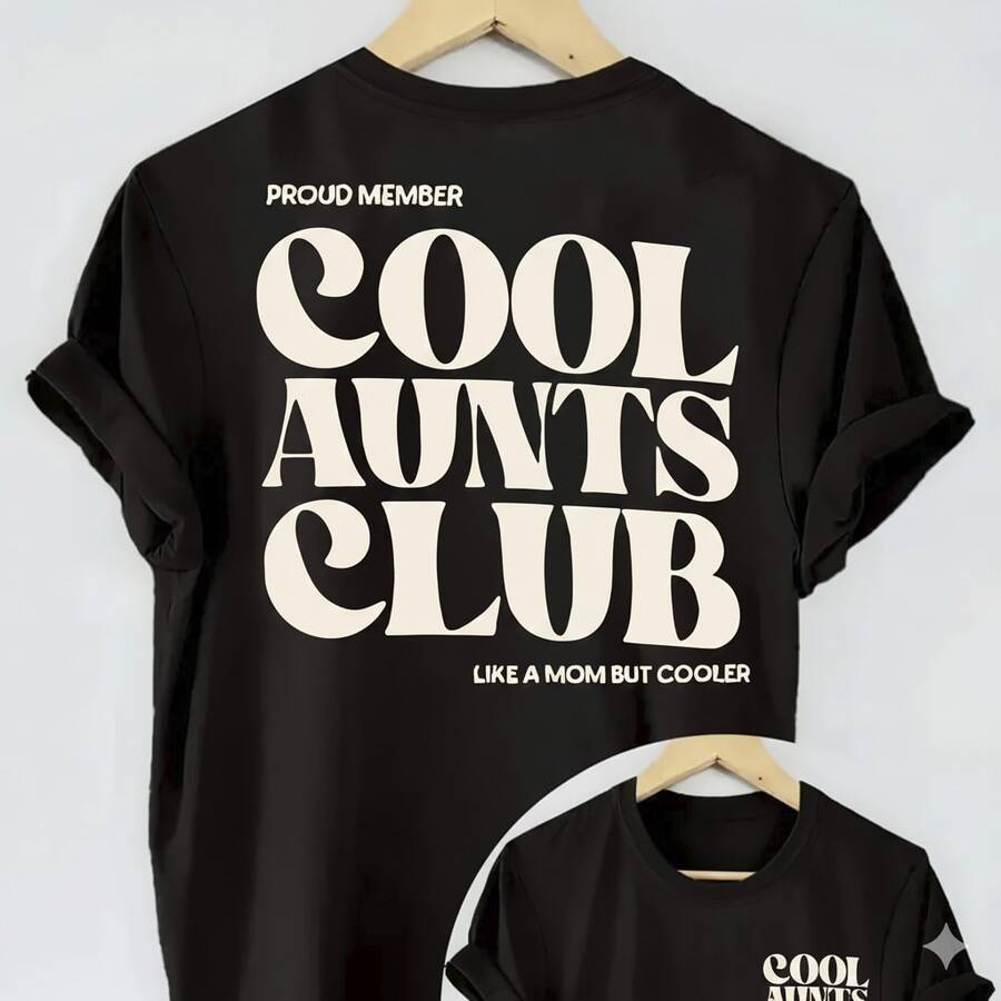 "Cool Aunts Club" Graphic T-Shirt For Women - Casual Black Short-Sleeved T-Shirt With Bold White Lettering, Round Neck, Summer Style, Polyester Fabric, Cool Aunt Theme, Gifts For Aunts. - 黑色 - 查看 1