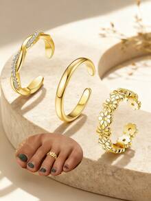 3件套女士时尚锆石波浪花朵脚趾戒指，适合海滩、度假、派对、节日主题服装和个性化造型首饰套装 - 3件 - 查看 1