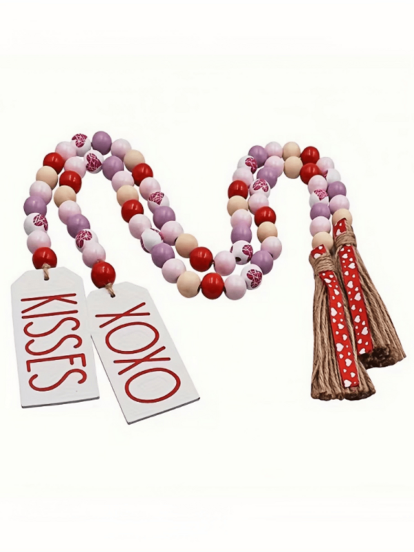 1 buc. Coroană de Ziua Îndrăgostiților cu mărgele din lemn, decor cu inimă roz și albă, decorațiune de aniversare a nunții, tip casă de la țară, suspendată pe perete