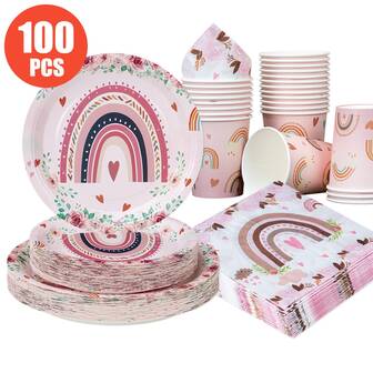 一套心形彩虹图案一次性餐盘、餐巾纸、杯子，可供25位客人使用，适用于生日、婚礼、派对、家庭野餐等场合。