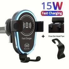 无线车载手机支架，一键释放，快速充电，手动夹式出风口安装，兼容 17/16/15/14/13/12/11/Pro/Max 及更新机型，支持无线充电，带 USB 接口，男女通用，附带 2 个车载挂钩