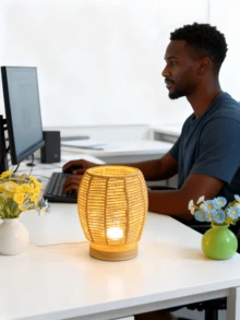 1pc Vintage Handwoven Rattan & Solid Wood Base LED Desk Lamp (USB Powered) - Handcrafted Woven Lampshade, Button Switch Nightlight, Ideal For Bedside Or Office Desk Ambiance Lighting, Best Gift For Halloween/Christmas - Multicolor - View 3