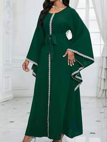Guipure Lace Trim Bell Sleeve Gown, Elegant Tie-Waist Crew Neck Maxi Dress, Suitable For Spring And Autumn, Women Clothing - Green - View 1
