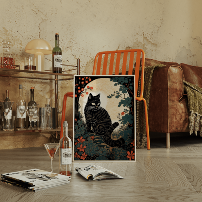 1pc Frameless Vintage Japanese Cat Poster, Ukiyo-E Style Kitten Art Print, Traditional Japanese Living Room, Bedroom, Dorm Wall Decor, Decorations, Room Decor, Wall Art, Vintage Decor, Room Decoration