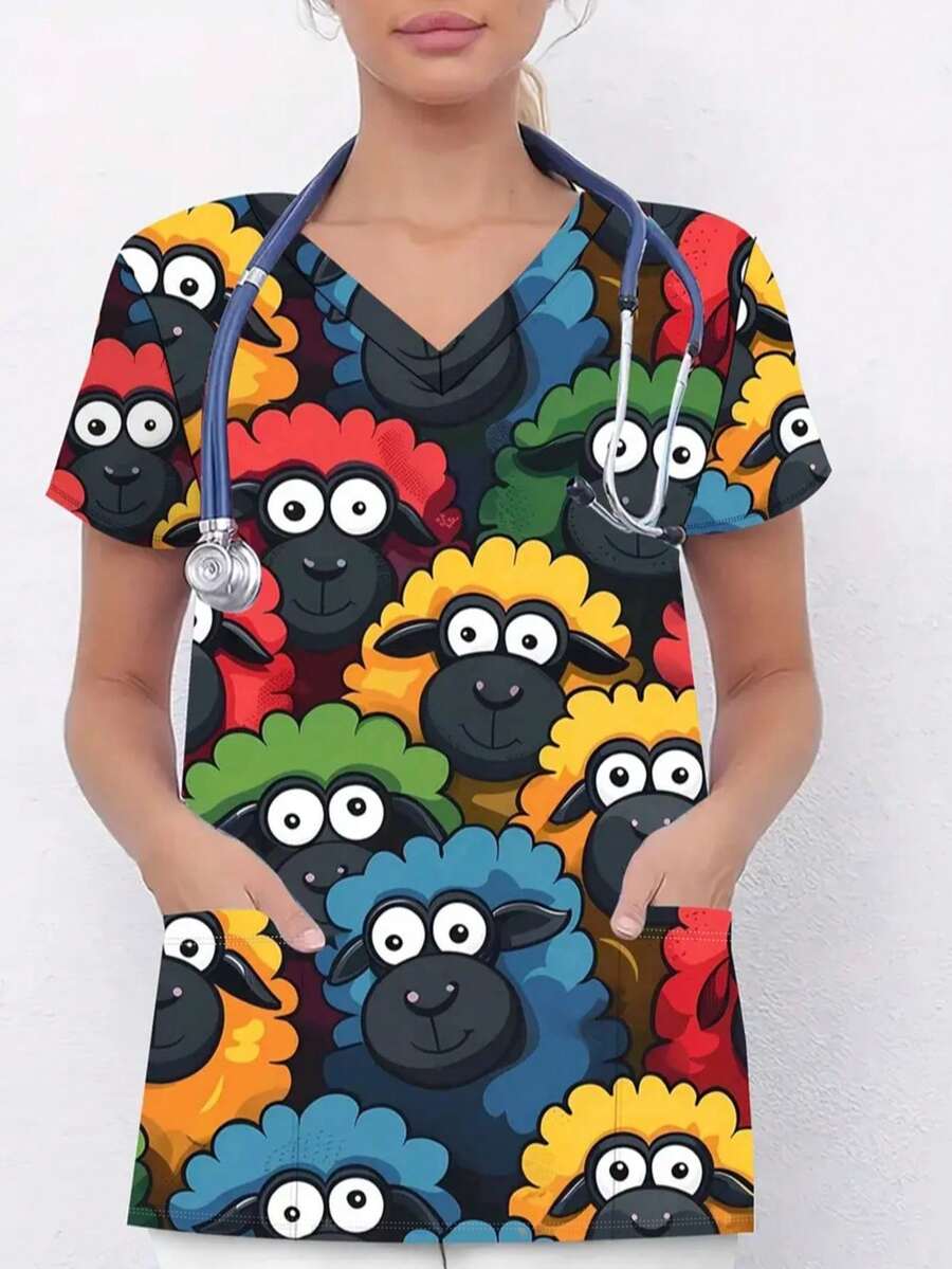 Cute V-Neck Nurse Costume With Cartoon Animal Print, Contrast Color, Double Pockets, Great For Halloween Gift