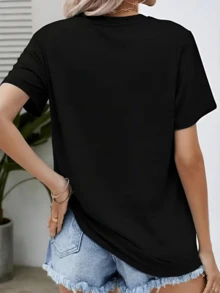 T-Shirt Women'S Short Sleeve Niche Design Printed 2025 Summer New Loose Half Sleeve Top. - Black - View 2