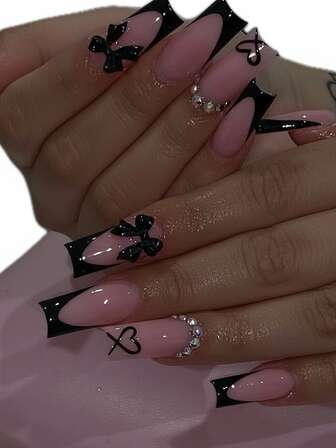 24片/套 亚克力按压式美甲，心形图案，黑色法式，镶钻粉色蝴蝶结设计，长棺材型，完美贴合假指甲，内含1片果冻胶和1个指甲锉，法式美甲，适合女性和女孩，日常及派对使用。
