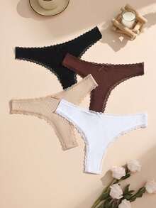 4条装彩色浪漫蕾丝拼接罗纹女士丁字裤，带可爱蝴蝶结，舒适棉质弹力女士内裤 - 彩色 - 查看 4