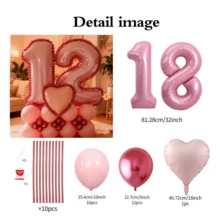 Juego de 43 piezas de columnas con globos con números en rosa, que incluye globos de papel de aluminio con números rosas de 32 pulgadas (81,28 cm), globos de látex redondos de color rosa macaron y rojo metálico, adecuado para decoración de aniversario, cumpleaños, nupcial, boda, graduación, vacaciones, fiesta