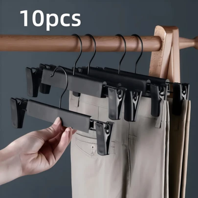 10 stuks zwarte plastic broekklemmen, kledinghangers, naadloze kledinghangers voor volwassenen, droogrekken met matte afwerking, uitschuifbare broekklemmen, benodigdheden voor studentenhuisvesting