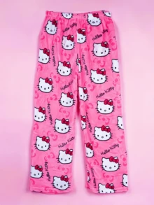 Sanrio Women's Hello Kitty Allover Print Thermal Lined Warm Fluffy Pajama Pants, Soft Flannel Kawaii Cartoon Sleepwear Bottoms, Suitable For All Ages, Autumn/Winter